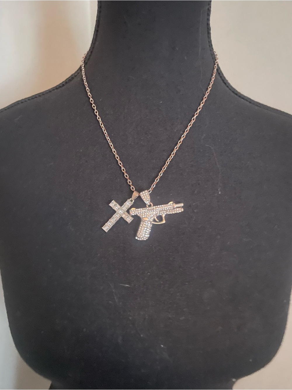 Crystal Cross and Pistol Pendant Necklace - Gold Tone